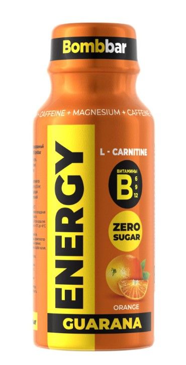 Bombbar Energy L-карнитин с Гуараной, напиток тонизирующий слабогазированный, апельсин, 100 мл, 1 шт.