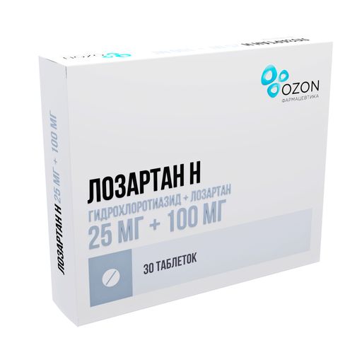 Лозартан Н, 25 мг+100 мг, таблетки, покрытые пленочной оболочкой, 30 шт.
